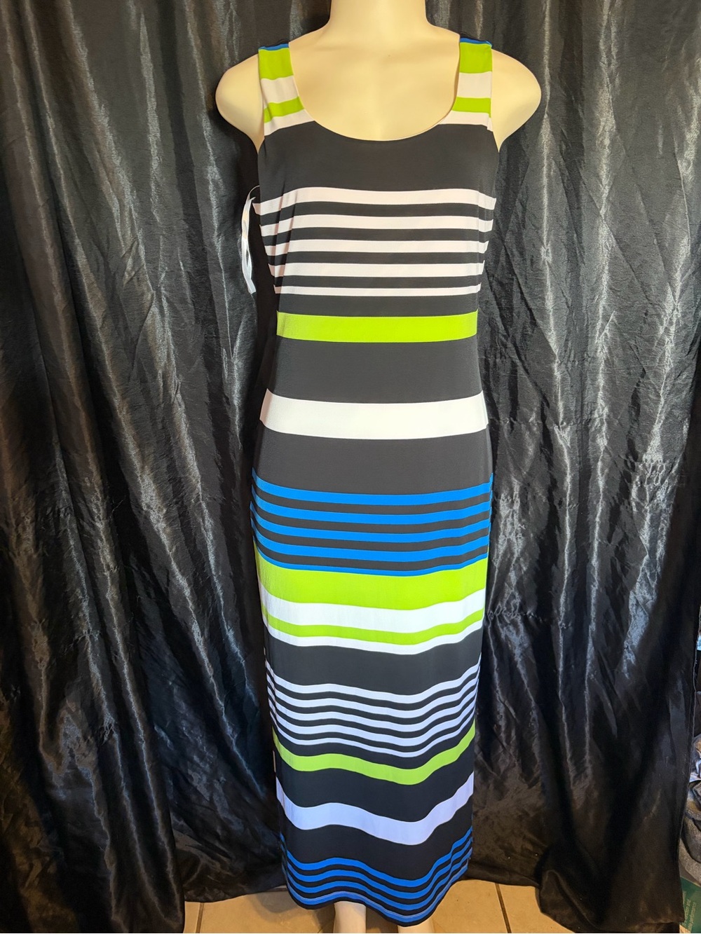 Jessica Howard Striped Sleeveless Maxi Dress in Black, Lime & Blue